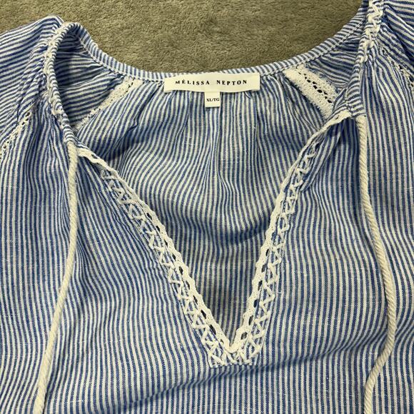 Melissa Nepton Olivia Blue & White Striped Peasant Top XL Crochet Boho Linen - Picture 6 of 10
